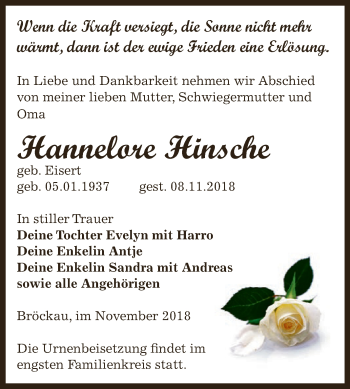 Traueranzeige von Hannelore Hinsche von Super Sonntag Zeitz
