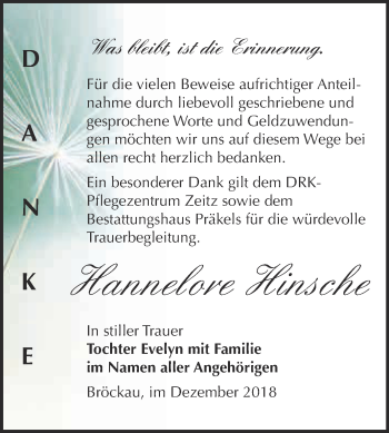 Traueranzeige von Hannelore Hinsche von Super Sonntag Zeitz