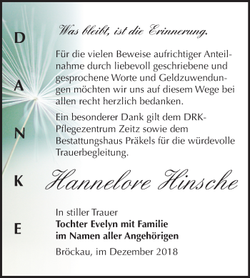 Traueranzeige von Hannelore Hinsche von Mitteldeutsche Zeitung Zeitz