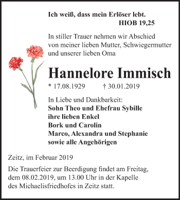Traueranzeige von Hannelore Immisch von Mitteldeutsche Zeitung Zeitz