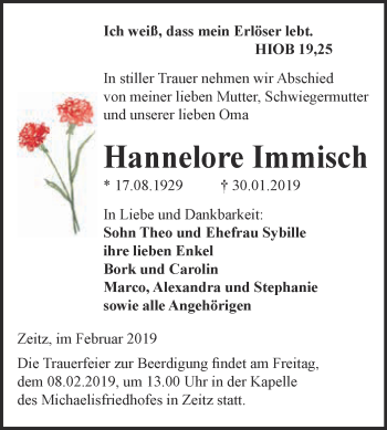 Traueranzeige von Hannelore Immisch von Super Sonntag Zeitz