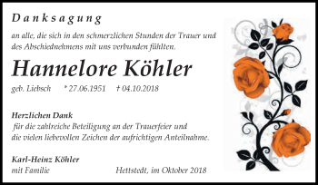 Traueranzeige von Hannelore Köhler von Wochenspiegel Mansfelder Land