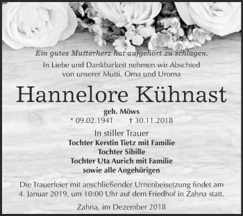 Traueranzeige von Hannelore Kühnast von Super Sonntag Wittenberg