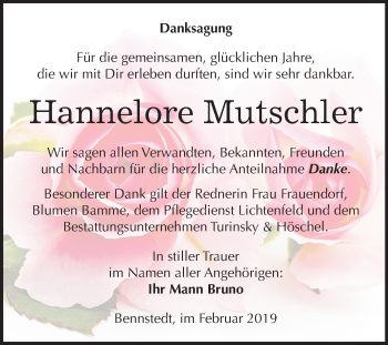 Traueranzeige von Hannelore Mutschler von Mitteldeutsche Zeitung Halle/Saalkreis