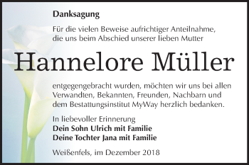 Traueranzeige von Hannelore Müller von Mitteldeutsche Zeitung Weißenfels