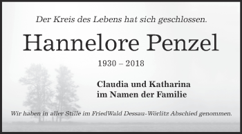 Traueranzeige von Hannelore Penzel von WVG - Wochenspiegel Bitterfeld