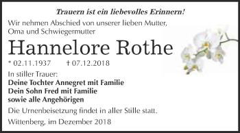 Traueranzeige von Hannelore Rothe von Super Sonntag Wittenberg