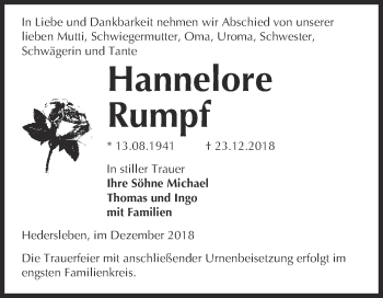 Traueranzeige von Hannelore Rumpf von WVG - Wochenspiegel Quedlinburg