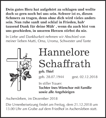 Traueranzeige von Hannelore Schaffrath von Super Sonntag Aschersleben