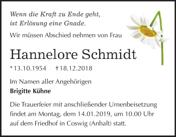 Traueranzeige von Hannelore Schmidt von Mitteldeutsche Zeitung Wittenberg