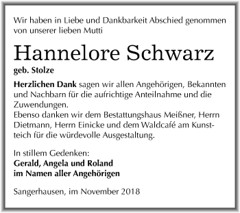 Traueranzeige von Hannelore Schwarz von Mitteldeutsche Zeitung Sangerhausen