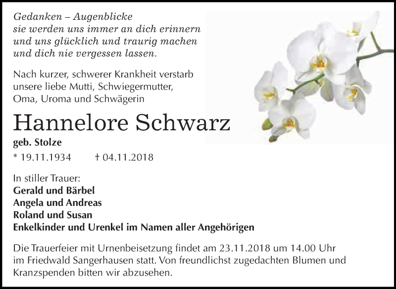  Traueranzeige für Hannelore Schwarz vom 17.11.2018 aus Super Sonntag SGH Mansf. Land