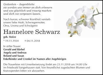 Traueranzeige von Hannelore Schwarz von Super Sonntag SGH Mansf. Land