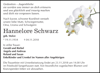 Traueranzeige von Hannelore Schwarz von Mitteldeutsche Zeitung Sangerhausen