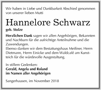 Traueranzeige von Hannelore Schwarz von Super Sonntag SGH Mansf. Land