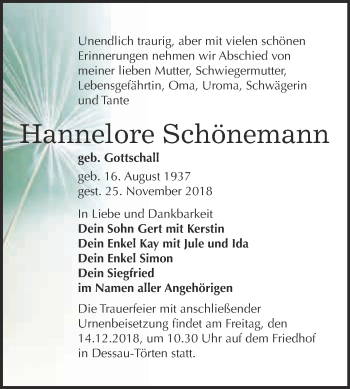 Traueranzeige von Hannelore Schönemann von Super Sonntag Wittenberg