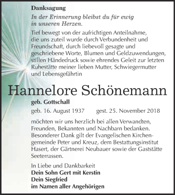 Traueranzeige von Hannelore Schönemann von Super Sonntag Wittenberg