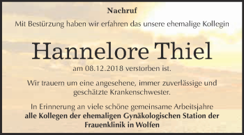 Traueranzeige von Hannelore Thiel von WVG - Wochenspiegel Bitterfeld