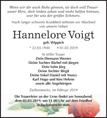 Traueranzeige von Hannelore Voigt von WVG - Wochenspiegel Wittenberg