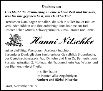 Traueranzeige von Hanni Nitschke von Mitteldeutsche Zeitung Merseburg/Querfurt