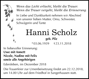 Traueranzeige von Hanni Scholz von Mitteldeutsche Zeitung Sangerhausen