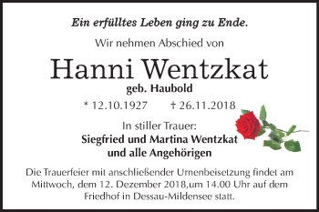 Traueranzeige von Hanni Wentzkat von Mitteldeutsche Zeitung Dessau-Roßlau