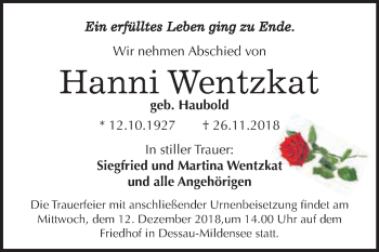 Traueranzeige von Hanni Wentzkat von WVG - Wochenspiegel Dessau / Köthen