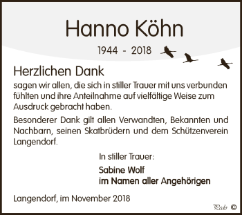 Traueranzeige von Hanno Köhn von WVG - Wochenspiegel NMB / WSF / ZTZ