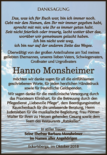 Traueranzeige von Hanno Monsheimer von WVG - Wochenspiegel NMB / WSF / ZTZ