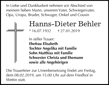 Traueranzeige von Hanns-Dieter Behler von Mitteldeutsche Zeitung Halle/Saalkreis