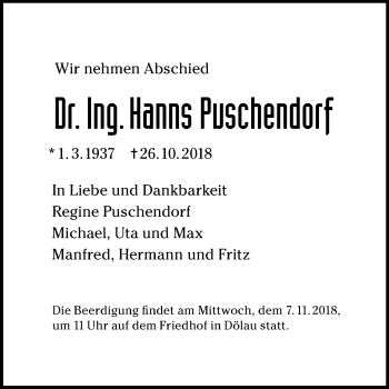 Traueranzeige von Hanns Puschendorf von Mitteldeutsche Zeitung Halle/Saalkreis