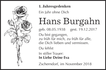 Traueranzeige von Hans Burgahn von WVG - Wochenspiegel Bitterfeld