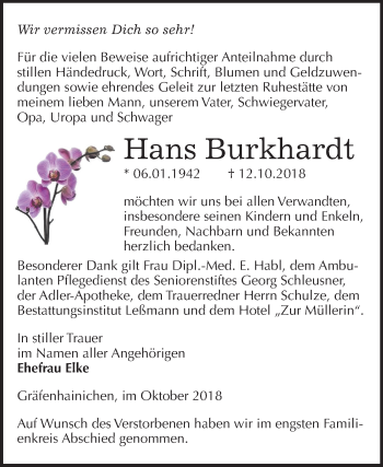 Traueranzeige von Hans Burkhardt von Mitteldeutsche Zeitung Wittenberg