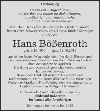 Traueranzeige von Hans Bößenroth von Super Sonntag SGH Mansf. Land