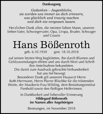 Traueranzeige von Hans Bößenroth von Mitteldeutsche Zeitung Sangerhausen