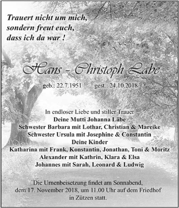 Traueranzeige von Hans-Christoph Läbe von Super Sonntag Wittenberg