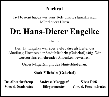 Traueranzeige von Hans-Dieter Engelke von Mitteldeutsche Zeitung Merseburg/Querfurt