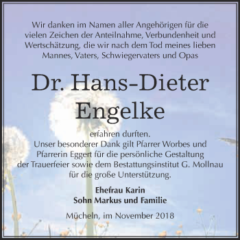 Traueranzeige von Hans-Dieter Engelke von WVG - Wochenspiegel Merseburg