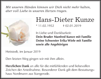 Traueranzeige von Hans-Dieter Kunze von Wochenspiegel Mansfelder Land