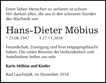 Traueranzeige von Hans-Dieter Möbius von WVG - Wochenspiegel Merseburg