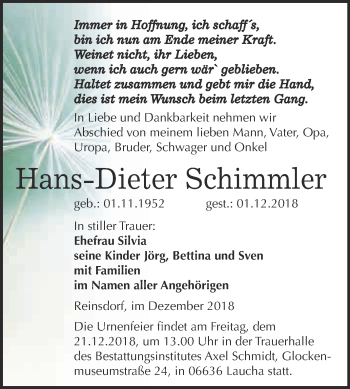 Traueranzeige von Hans-Dieter Schimmler von WVG - Wochenspiegel NMB / WSF / ZTZ