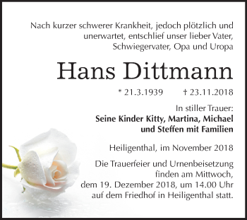 Traueranzeige von Hans Dittmann von Mitteldeutsche Zeitung Aschersleben