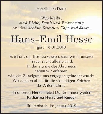 Traueranzeige von Hans-Emil Hesse von Super Sonntag SGH Mansf. Land