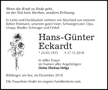 Traueranzeige von Hans-Günter Eckardt von Wochenspiegel Mansfelder Land