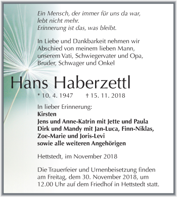 Traueranzeige von Hans Haberzettl von Mitteldeutsche Zeitung Mansfelder Land