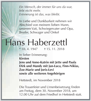 Traueranzeige von Hans Haberzettl von Super Sonntag SGH Mansf. Land