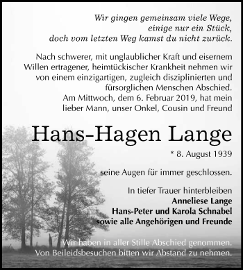 Traueranzeige von Hans-Hagen Lange von WVG - Wochenspiegel NMB / WSF / ZTZ