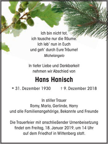 Traueranzeige von Hans Hanisch von Super Sonntag Wittenberg