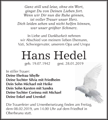 Traueranzeige von Hans Hedel von WVG - Wochenspiegel Merseburg
