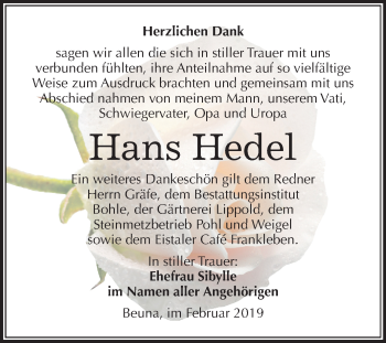 Traueranzeige von Hans Hedel von Mitteldeutsche Zeitung